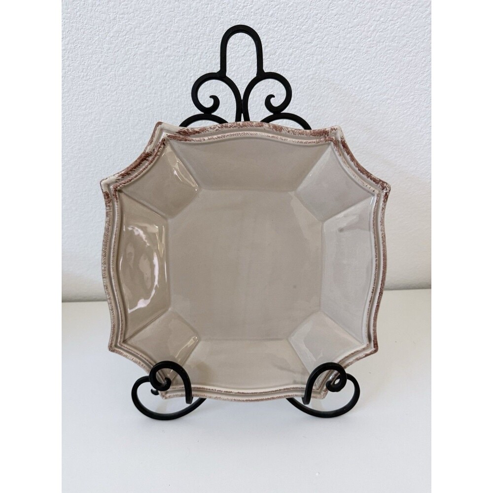 Bizzirri Barocco Dinner Plates ~11" Square Set (4) Ceramic Handmade Italy Taupe